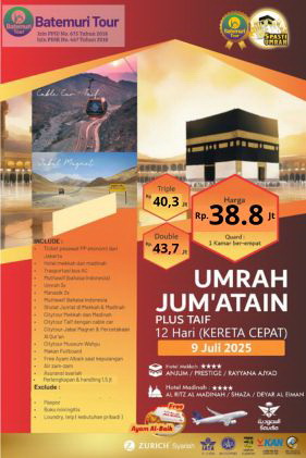 Paket Umrah Reguler Jumatain ,Plus Thaif, Plus Kereta Cepat, Btt Ahz, 12 hari, Keberangkatan 09 Juli  2025 Varian :